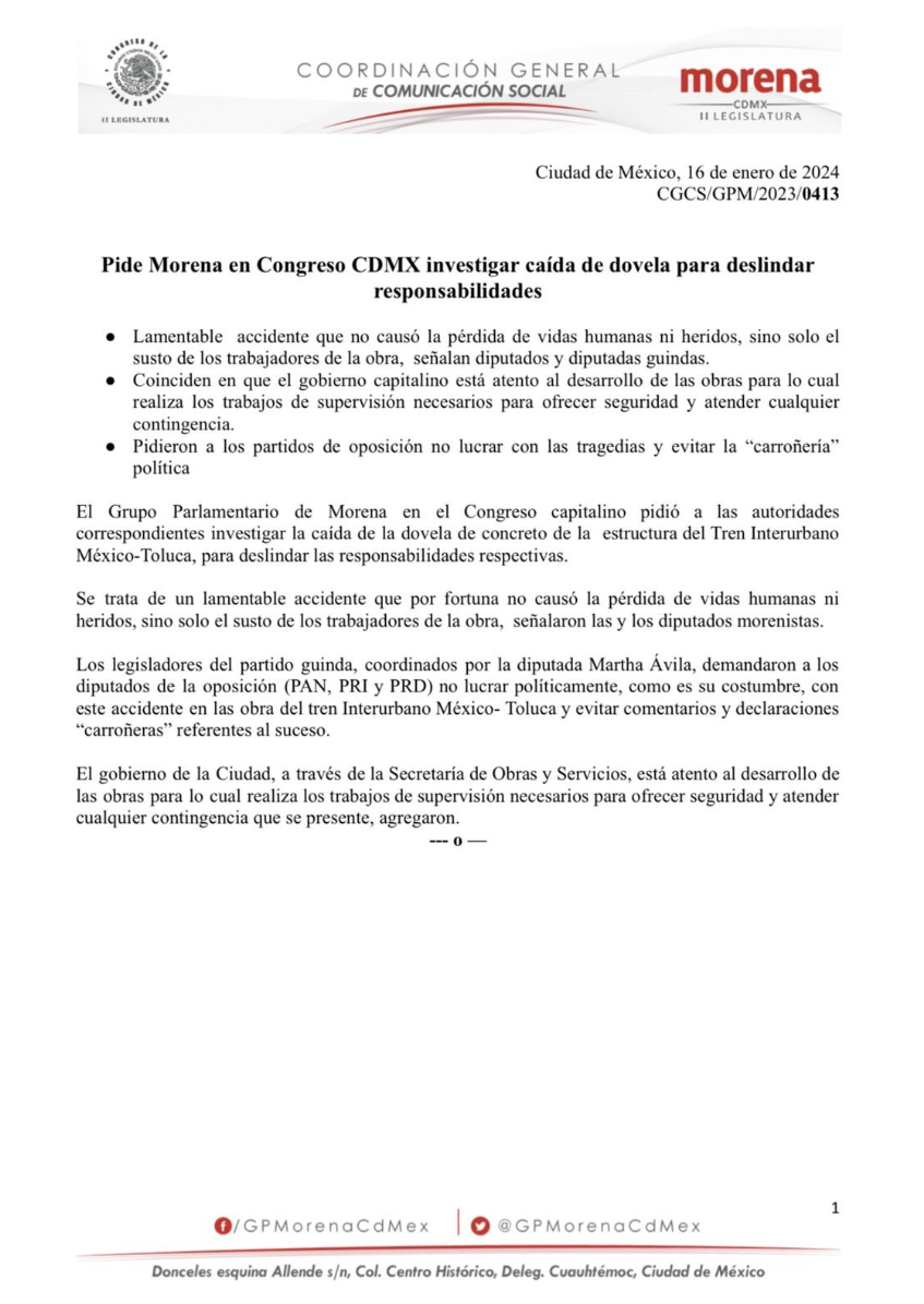 Morena pide no hacer carroñería política por Tren Interurbano