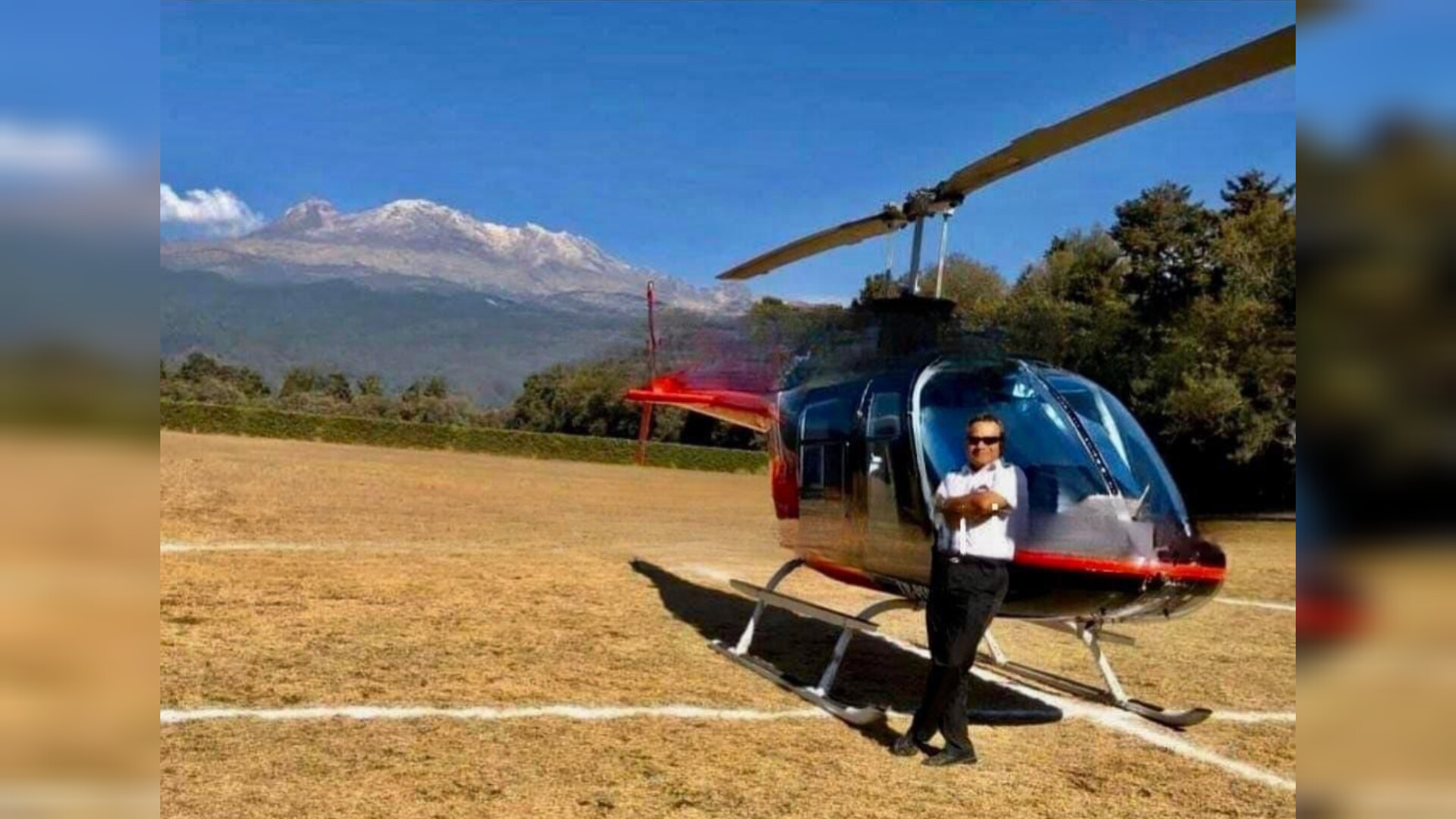 fotografía del helicóptero y su piloto, días antes, en un paraje aparentemente campestre. Créditos: especial
