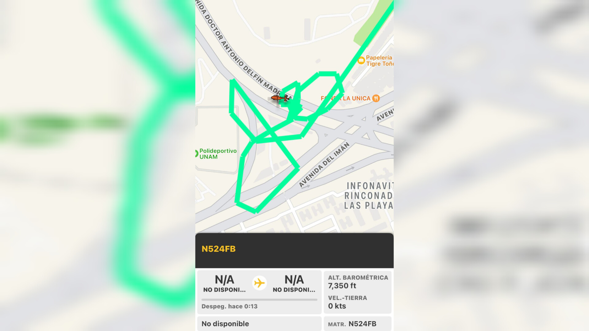 registro gráfico del recorrido del helicóptero, obtenido de una app móvil libre. Pantallazo. Crédito: Especial