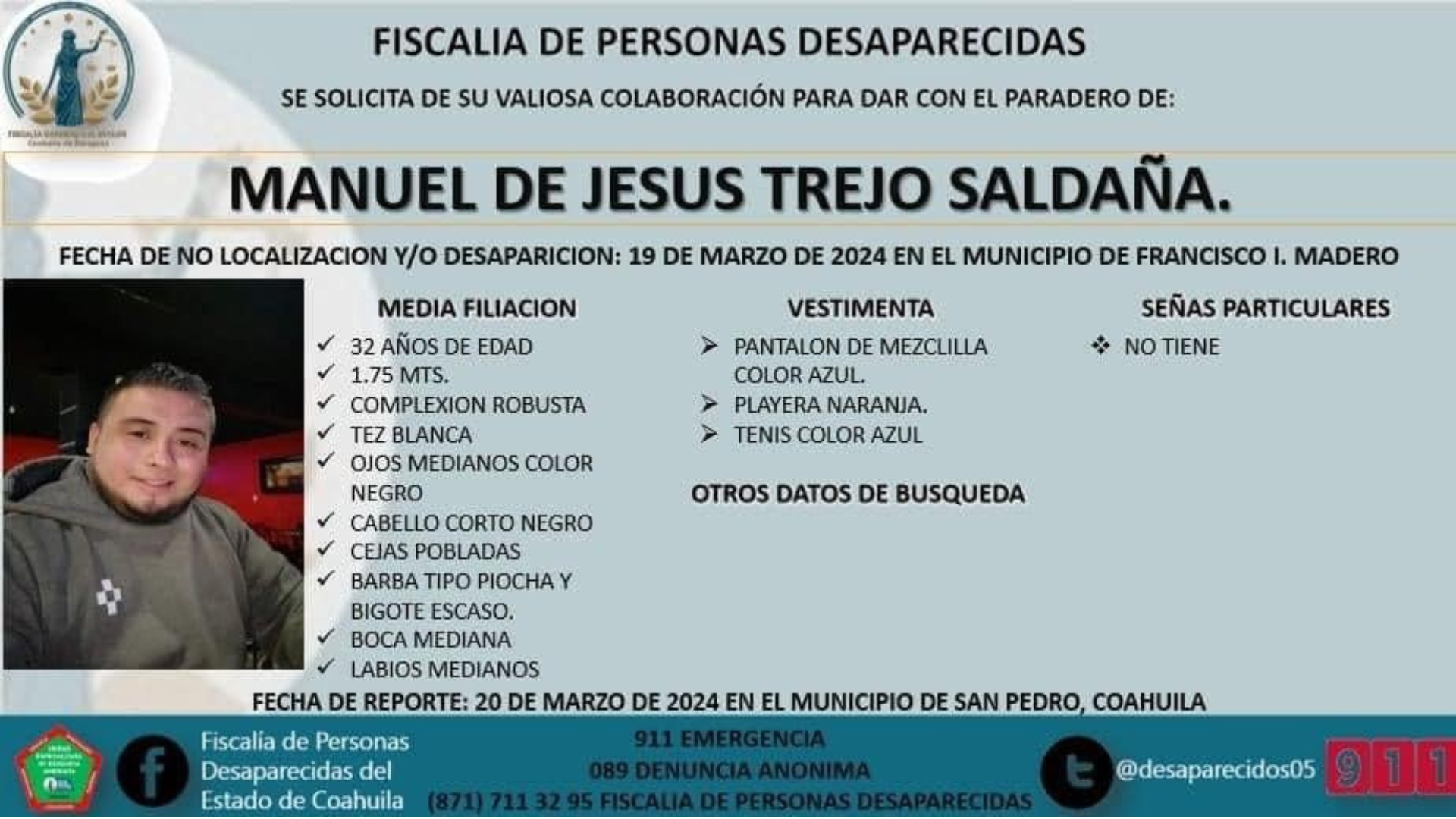 El cuerpo coincidía con las características físicas de Manuel de Jesús y portaba la ropa con la que fue reportado como desaparecido / Foto: FGE Coahuila