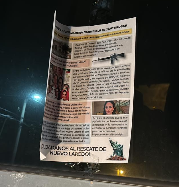 Panfleto distribuido en Nuevo Laredo, dónde se acusa a Carmen Lilia Cantúrosas de tener acuerdos con un grupo delictivo. Foto: Redes sociales