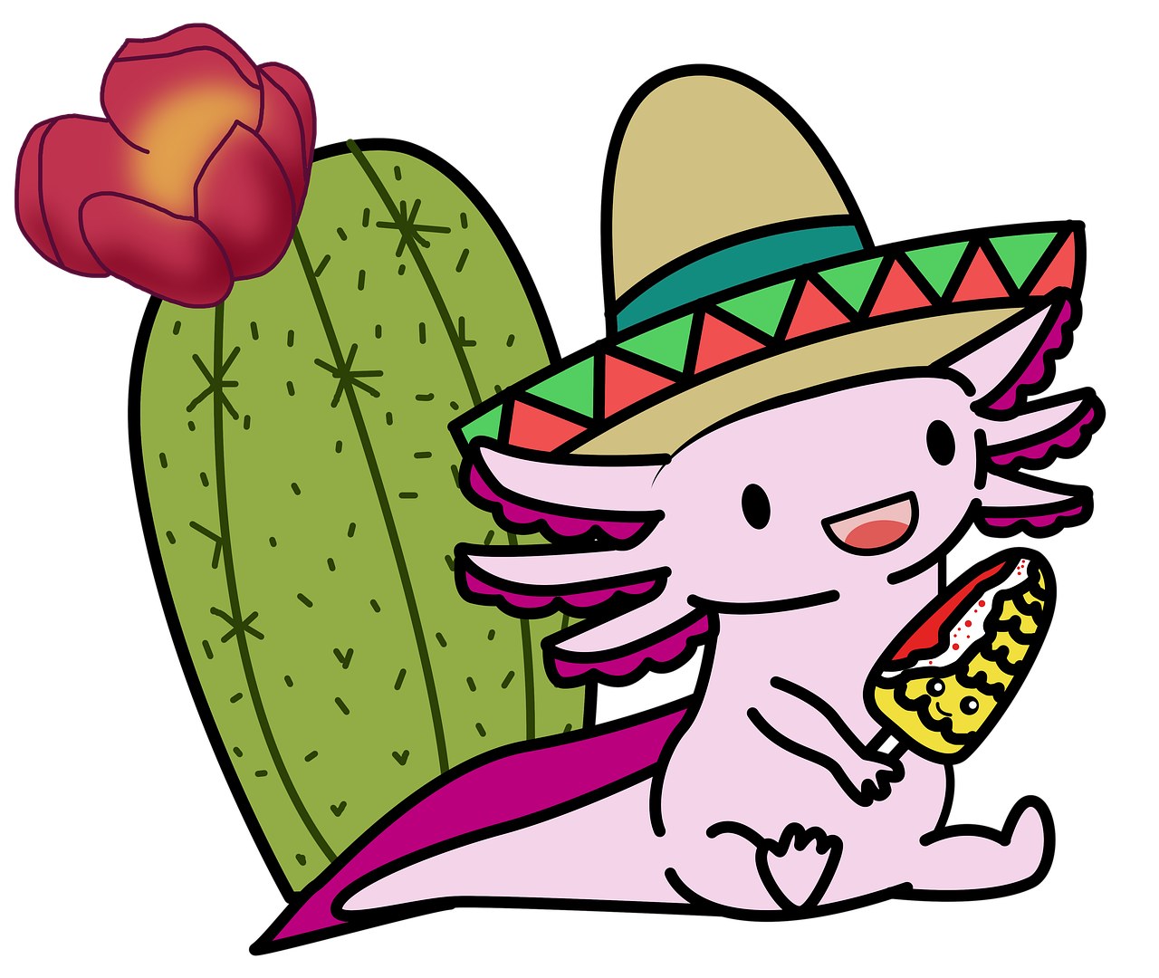 imagen caricatura de un ajolote mexicano sentado junto a un maguey, usa sombrero de paja y está comiendo un elote. Créditos: pixabay.com