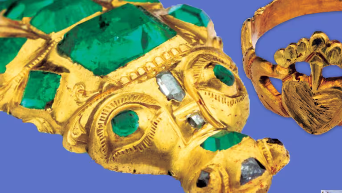 joya de oro maya con esmeraldas 