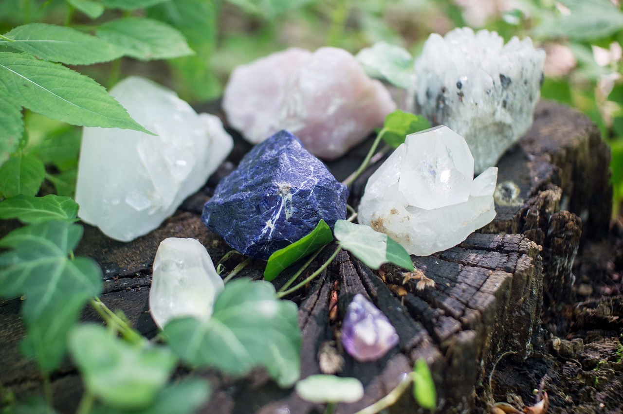 fotografía de disferentes tipos de piedras (cuarzo amatista obsidiana etc) sobre un tronco y pasto