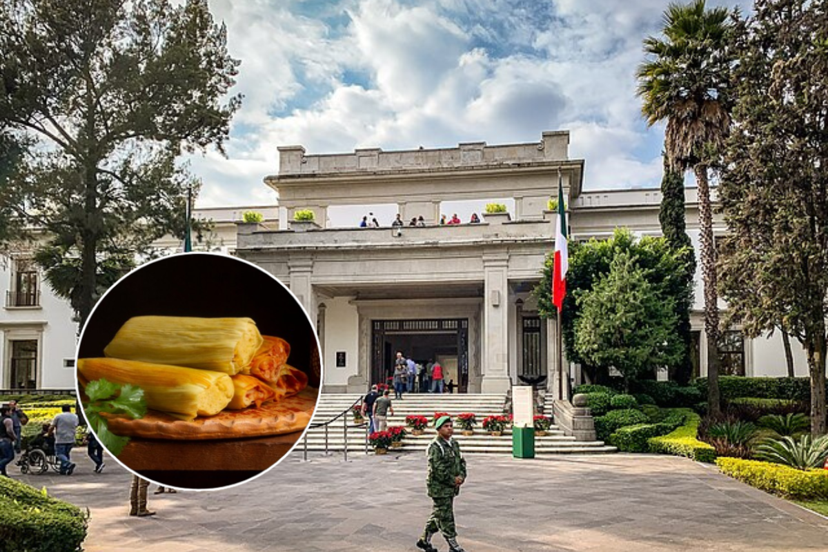 Tamales frente al Centro Cultural Los Pinos.      Foto: Wikipedia y Freepik, editada en Canva.