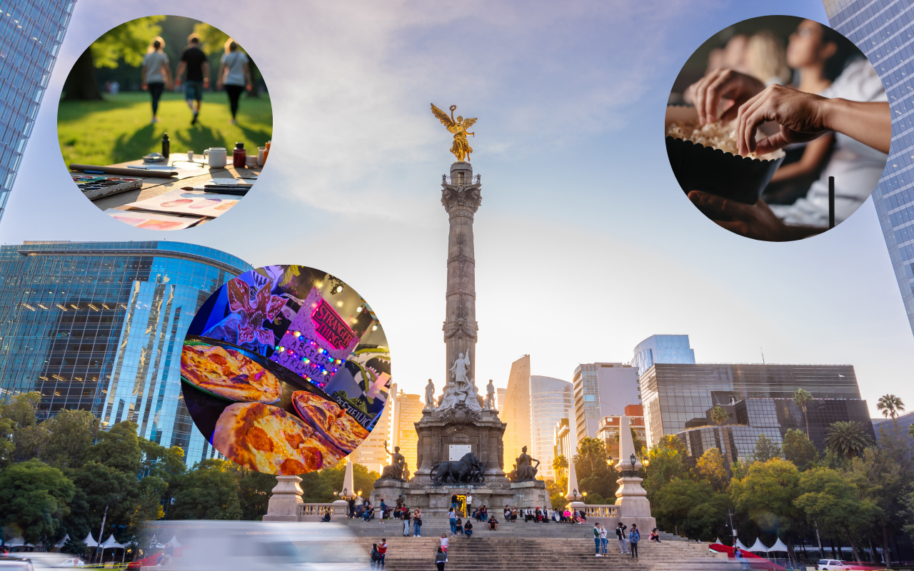 De fondo Ángel de la Independencia de la CDMX, bosque, palomitas y pizza. Foto: @BosqueCDMX/Lotto producciones/Canva