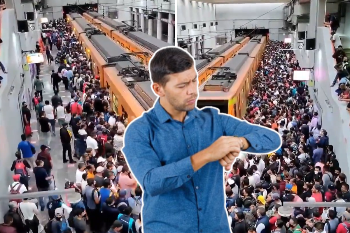 Estación del Metro de CDMX totalmente llena y persona mirando su reloj al frente.     Foto: @iFamilyClutt y Freepik, editada en Canva.