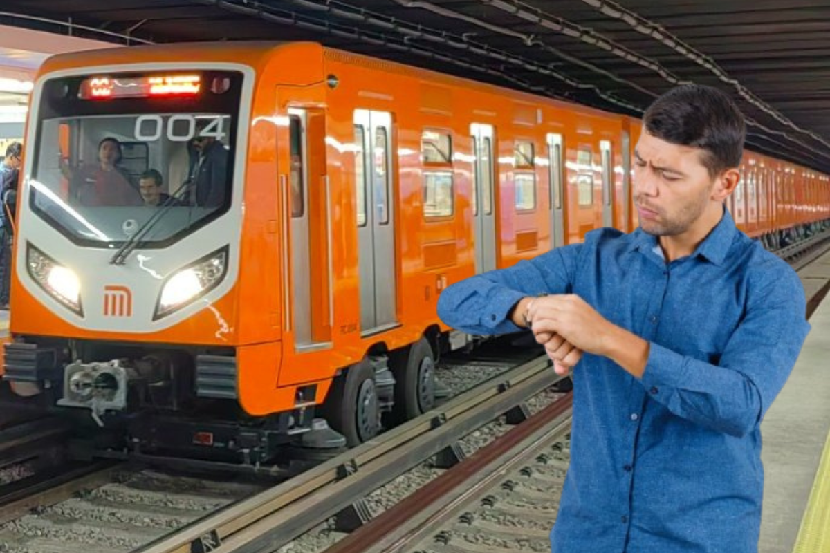 Persona viendo su reloj mientras llega un Metro a la estación.     Foto: @MetroCDMX y Freepik, editada en Canva.