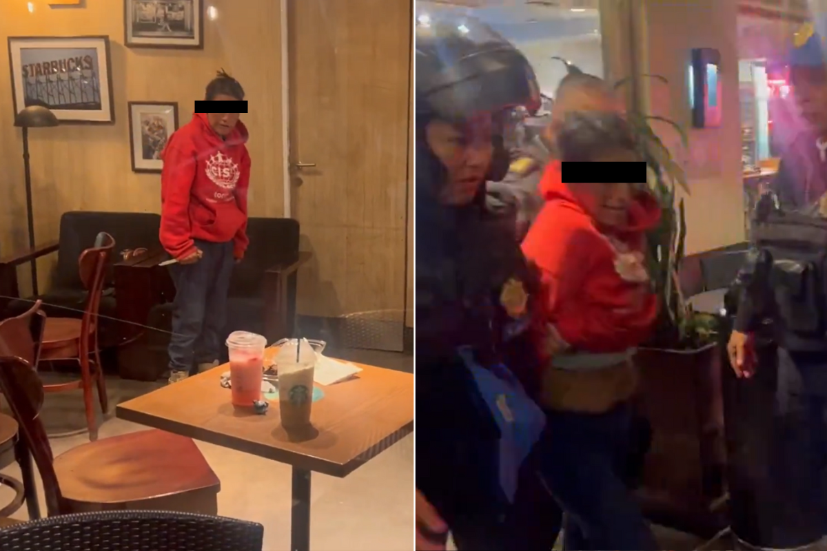 Mujer atacando en una cafetería de la colonia Condesa y siendo detenida por la SSC.   Foto: captura de pantalla @AlertaValledech y @cali_gil, editada en Canva.