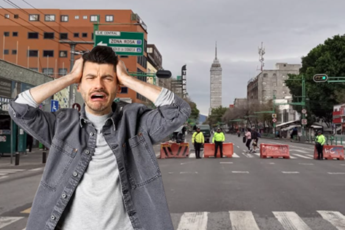 Persona molesta frente a Eje Central y de fondo la Torre Latino.    Foto: @OVIALCDMX y Freepik, editada en Canva.