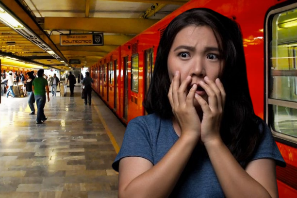 mujer sorprendida y vagones de metro en CDMX Foto: Freepik y @MetroCDMX edición en canva