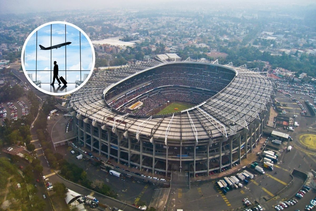 De fondo el Estadio Azteca, persona en el AICM. Foto: FB Estadio Azteca  / Edición Canva