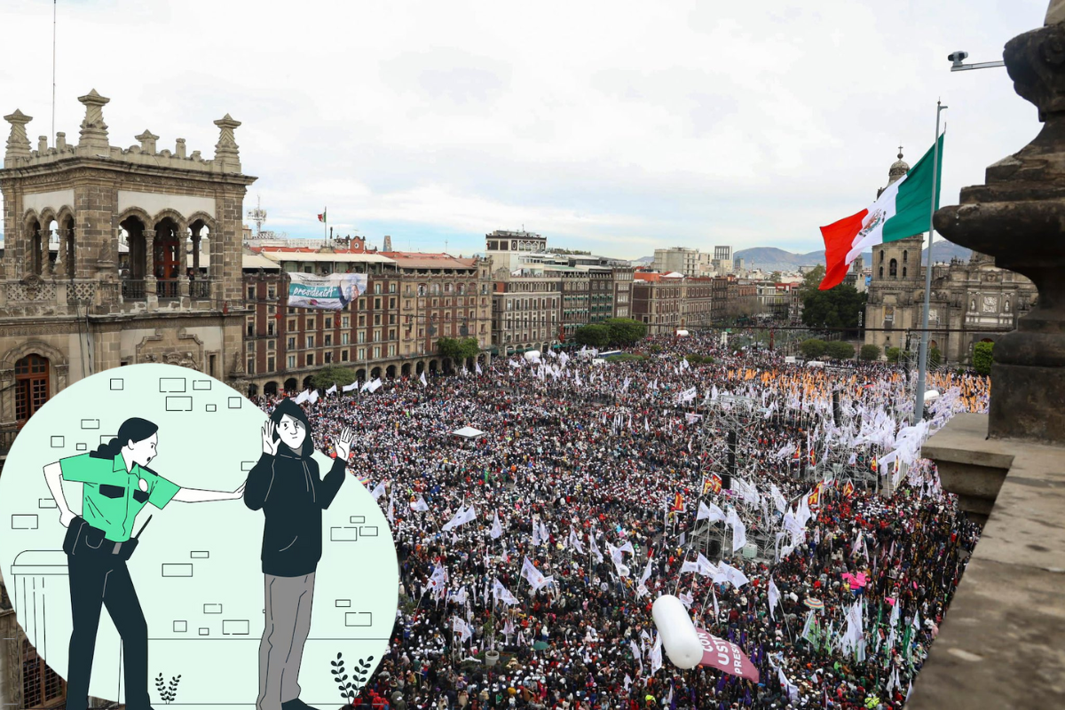 Zócalo capitalino donde se registrarón 14 detenidos en el informe de Claudía Sheinbaum Foto: X/@GobCDMX, Freepik, editado en Canva