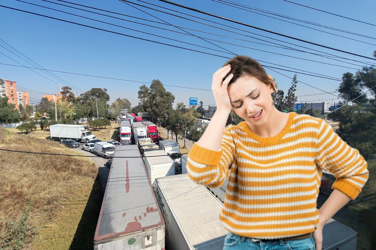 Mujer estresada frente a bloqueo de vialidades por transportistas.   Foto: @CIzcalliCom y Freepik, editada en Canva.