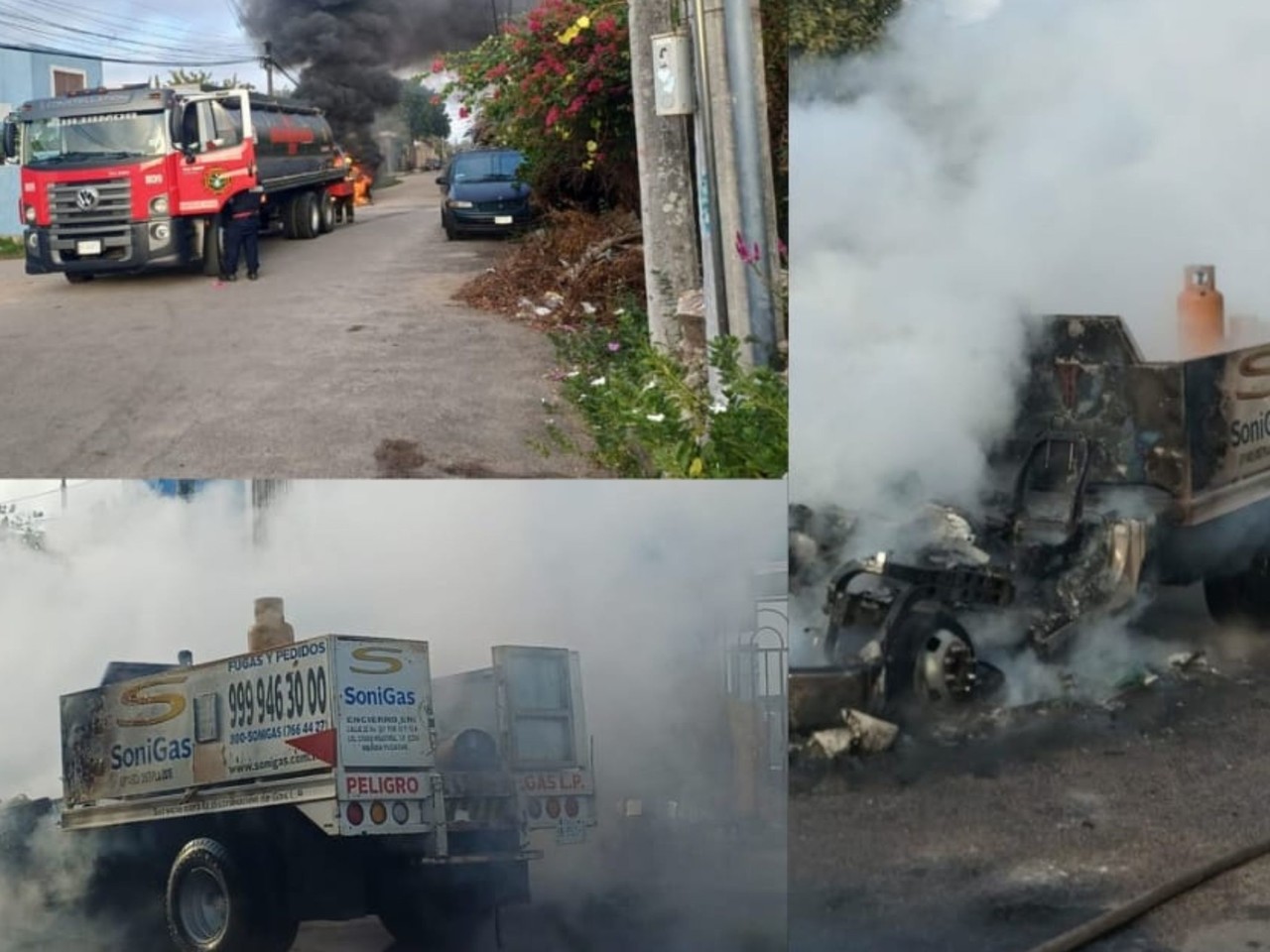 Esta mañana bomberos de la SSP evitaron una tragedia luego de que una camioneta con tanques de gas LP comenzara a incendiarse en Kanasín.- Fuente SSP