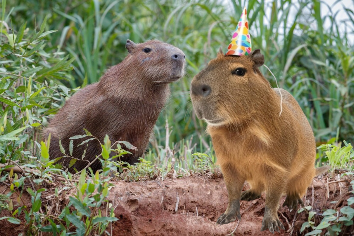 Capibaras con gorrito de cumpleaños en el pasto. Foto: Freepik