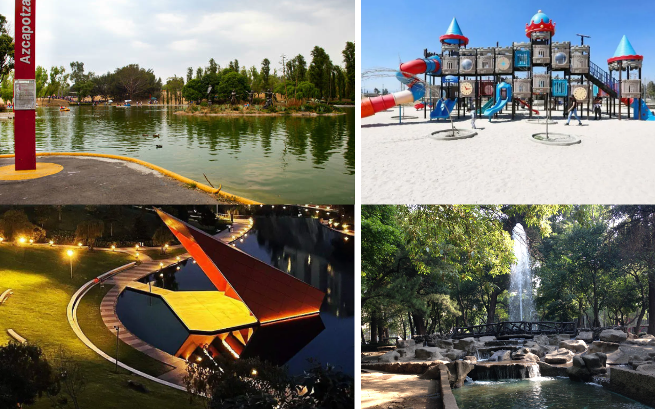 Parques en Ciudad de México Foto: Paque La Méxicana, Parque Tezozomoc, Parque México y Parque Bicentenario, Editado en Canva