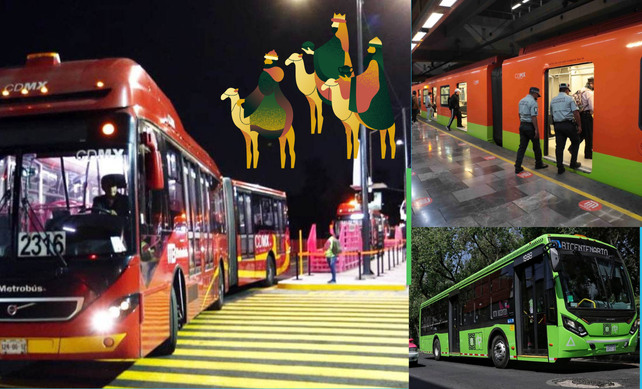 Metro, Metrbús y RTP noche de reyes Foto: Sistema de Movilidad Integrada y canva editada en canva