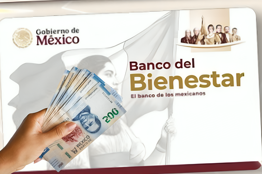 Persona sosteniendo dinero en la mano al frente de una tarjeta del Banco del Bienestar.    Foto: @Bienestar_CDMX y Freepik, editada en Canva.