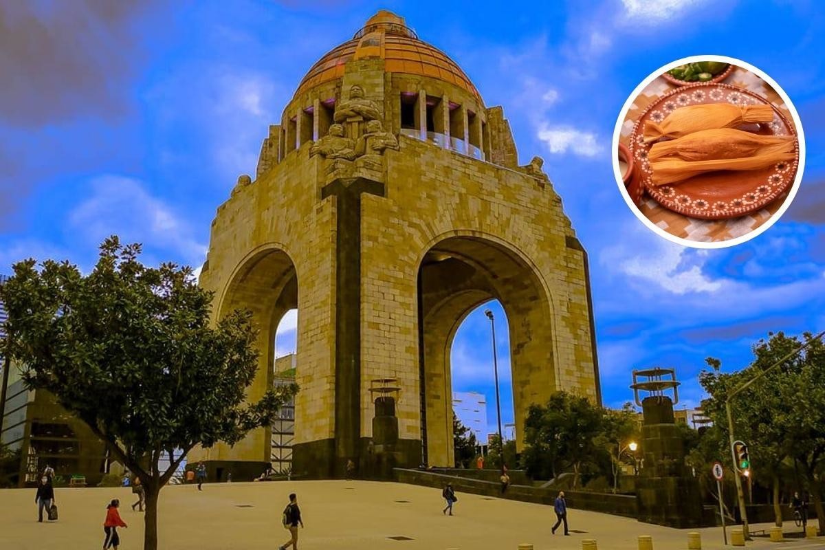 De fondo el Monumento a la Revolución, tamal. Foto: FB Monumento a la Revolución / Edición Canva