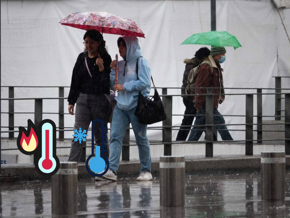 CDMX con lluvia, termómetros con alta y baja temperatura. Foto: CD Secreta y Canva, edición en Canva