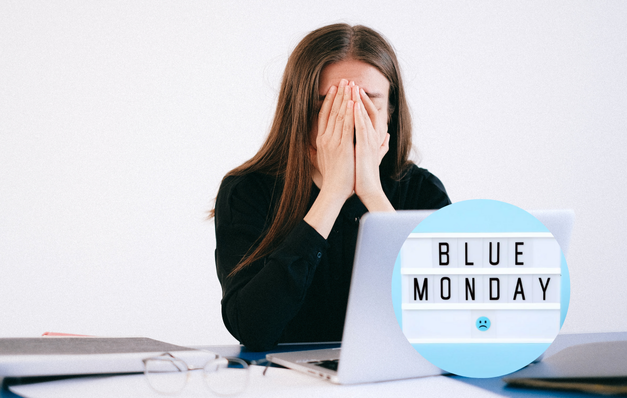 Mujer estresada y logo de Blue Monday Foto: realizada en canva