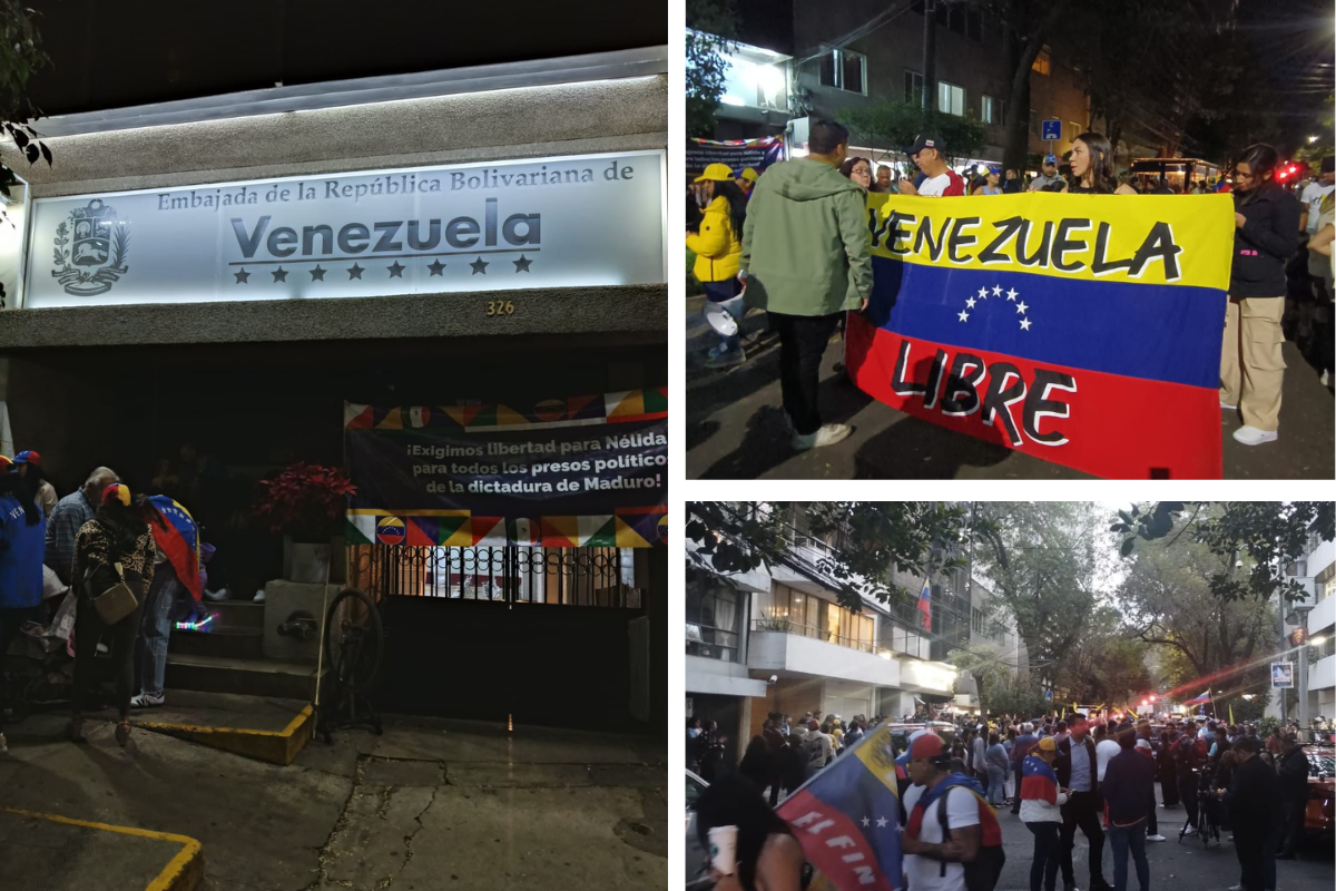 Protesta de ciudadanos venezolanos a las afueras de la embajada de Venezuela Foto: Ramón Ramírez, editado en Canva