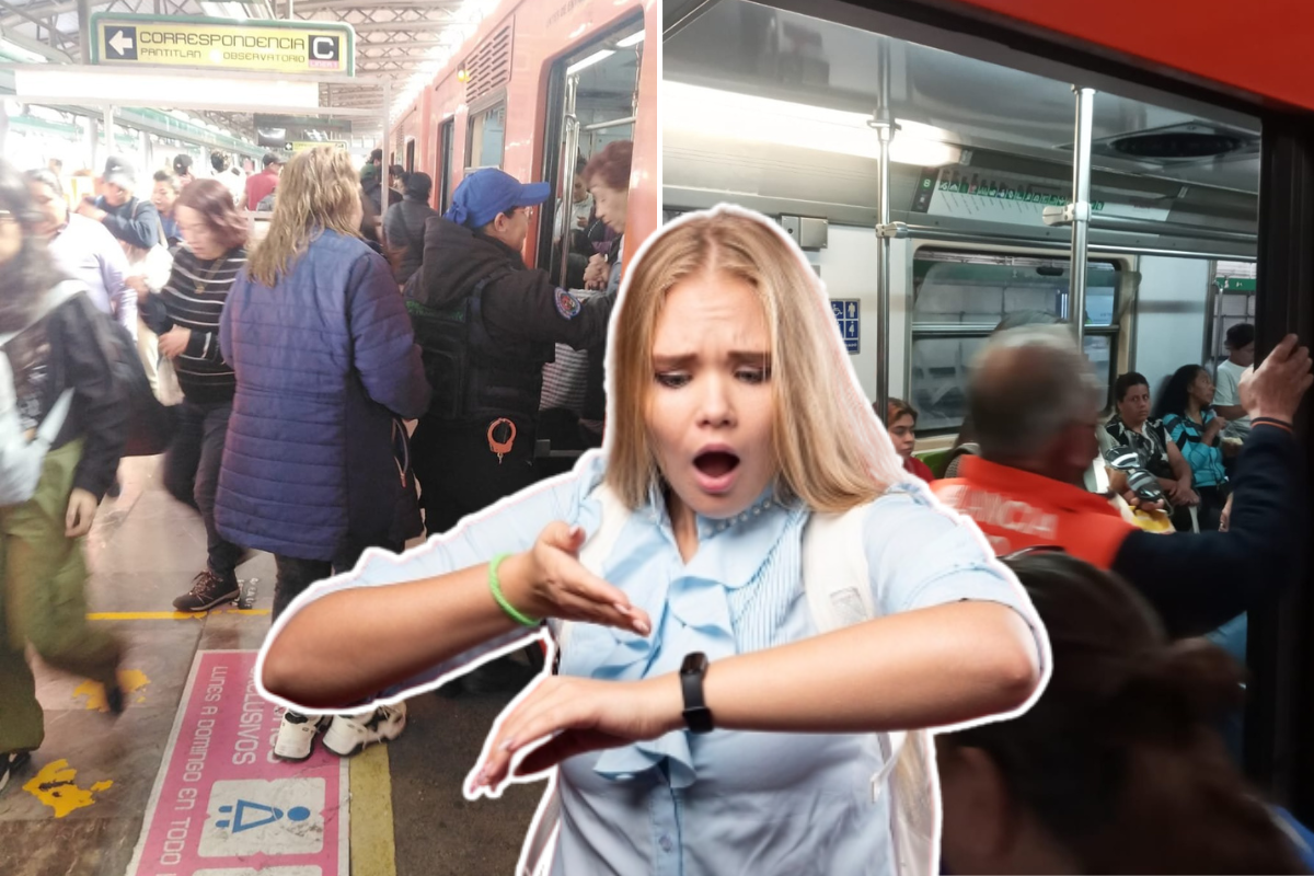 Personas tratando de subir a los vagones del Metro y al frente una mujer molesta viendo su reloj.     Foto: X (@MetroCDMX) y Freepik, editada en Canva.