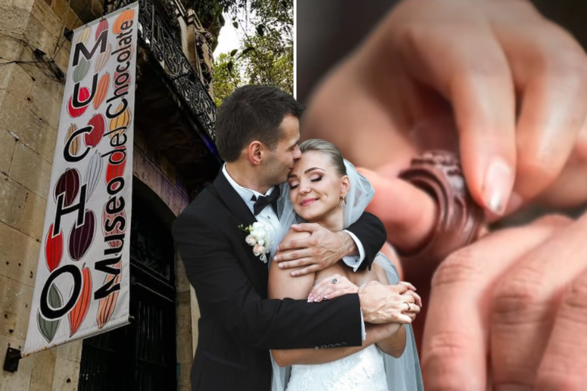 Fachada del Museo del Chocolate junto con anillo de chocolate y pareja de novios al frente.    Foto: IG (chocolatemucho), TikTok (mucho_museodelchocolate) y Freepik, editada en Canva.