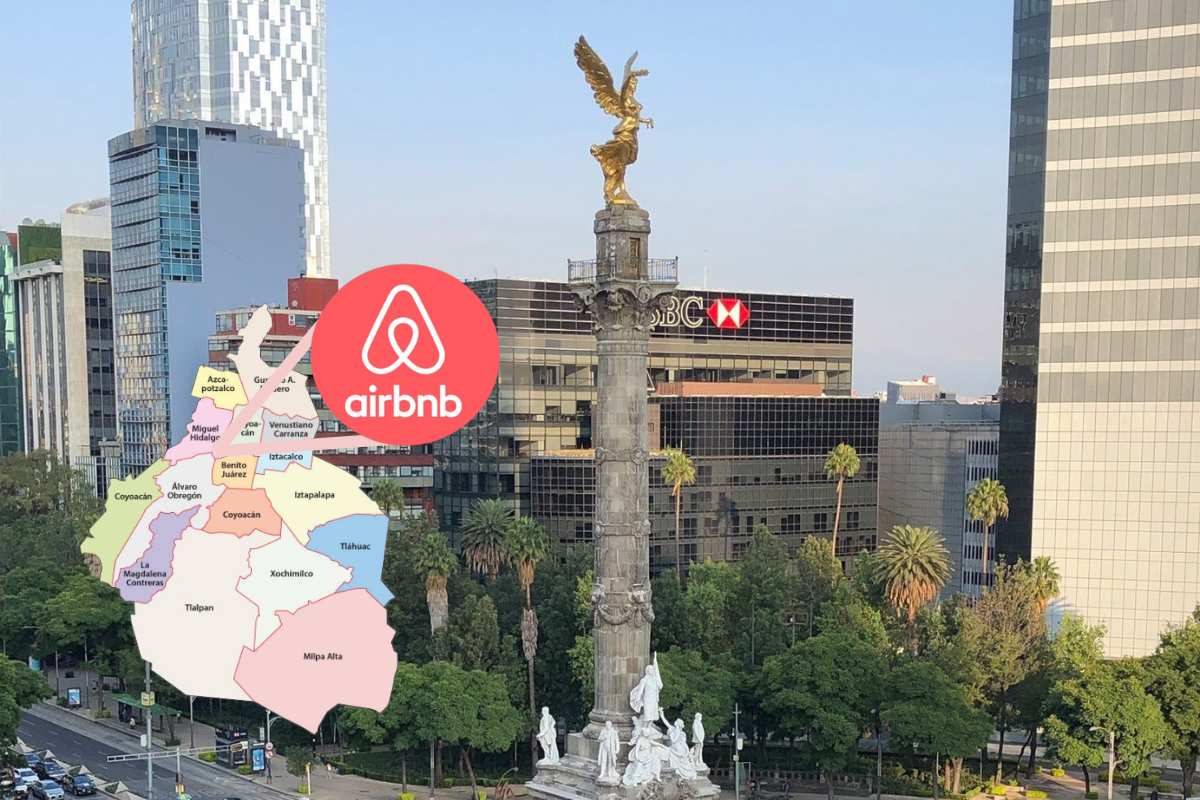 Mapa de CDMX con logo de Airbnb frente al Ángel de la Independencia.     Foto: @lamasdeskrada y Freepik, editada en Canva.