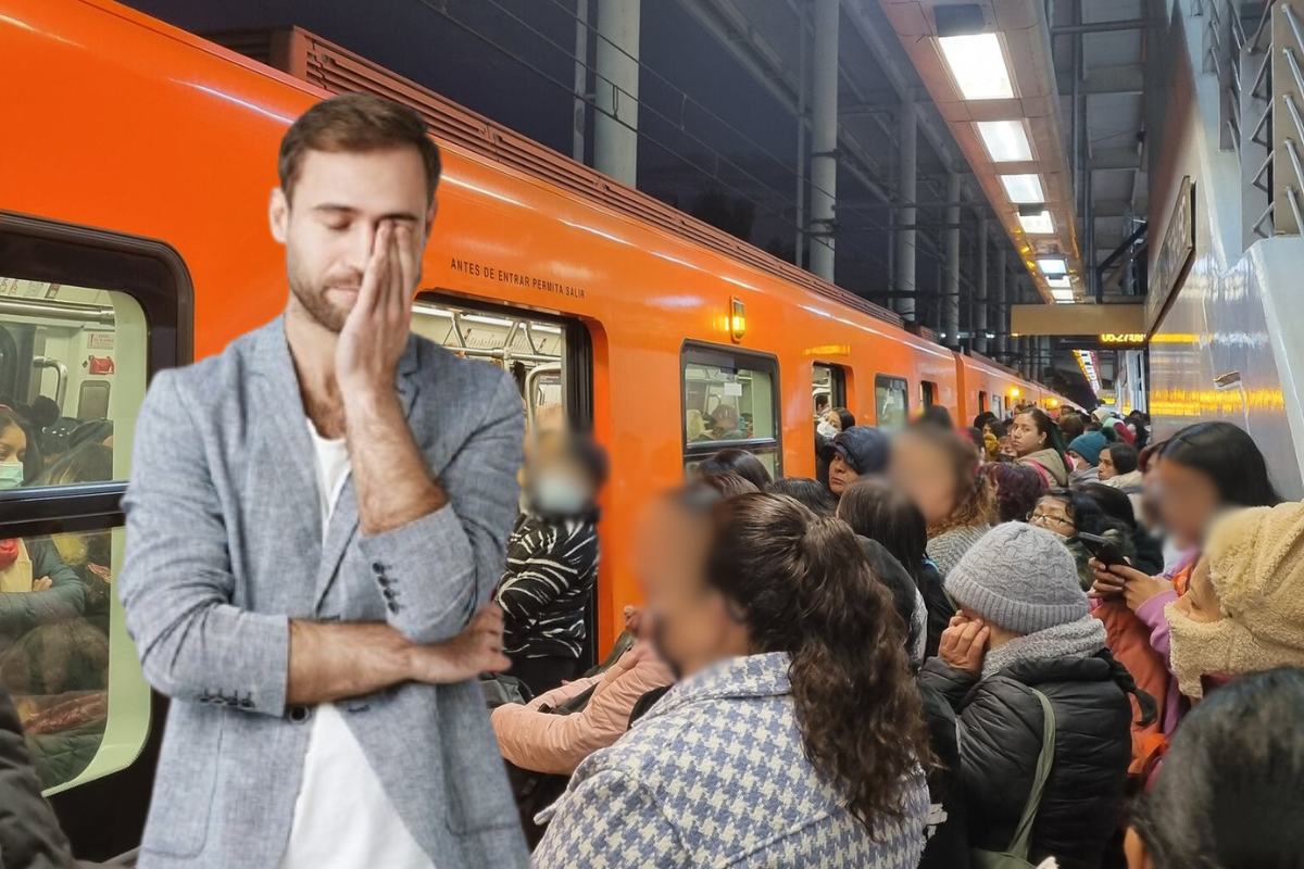 Estación de Metro llena de personas y un hombre al frente con gesto de frustración.     Foto: @MetroCDMX y Freepik, editada en Canva.