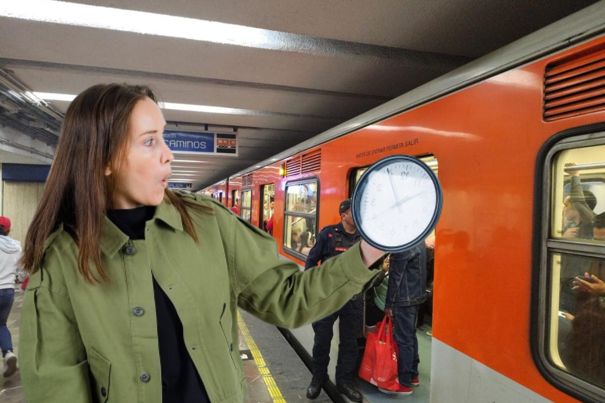 Metro de CDMX esperando en andén y mujer al frente sosteniendo un reloj.     Foto: X (@MetroCDMX) y Freepik, editada en Canva.