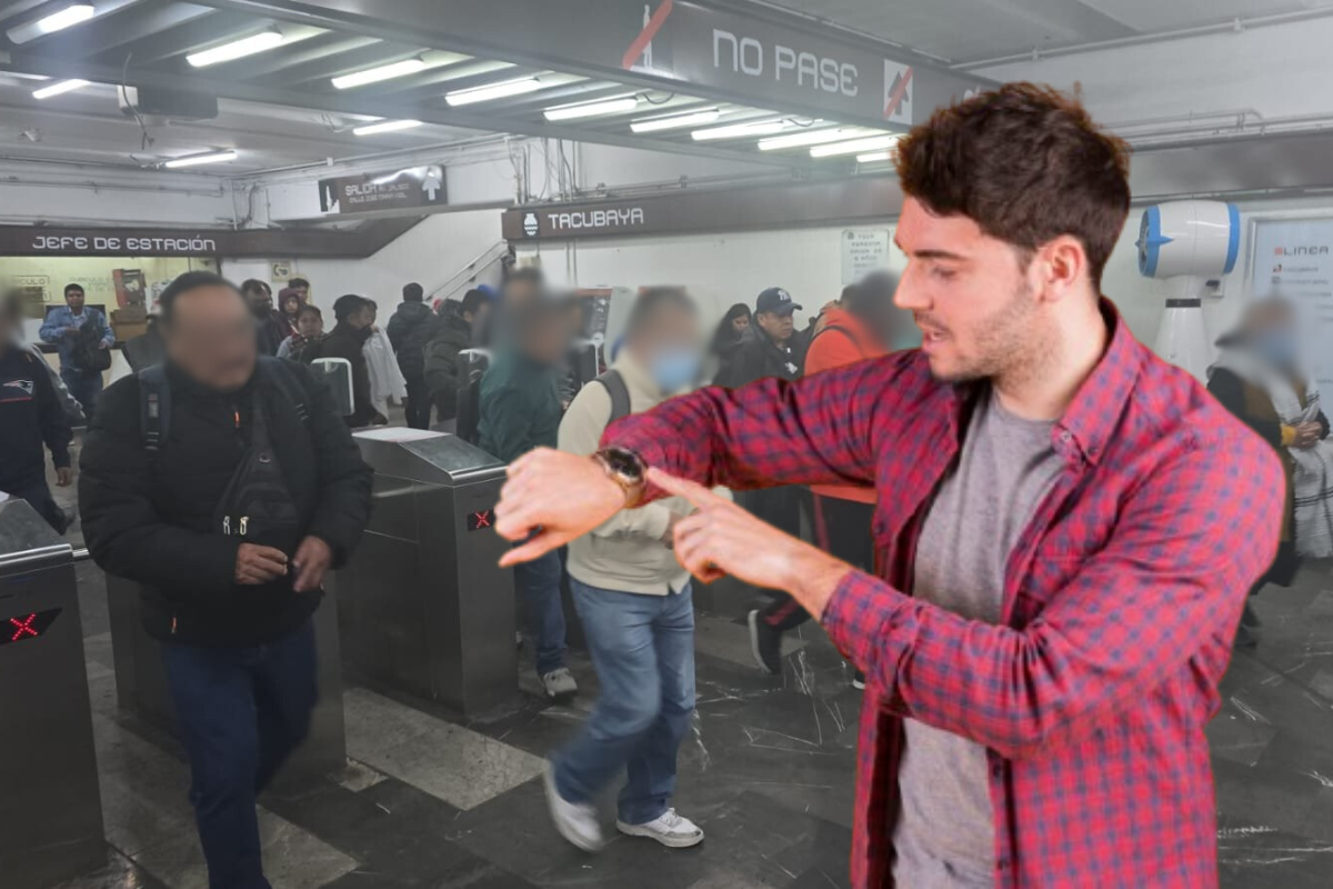 Personas entrando por el torniquete de la Línea 9 y un hombre mostrando su reloj al frente.     Foto: @MetroCDMX y Freepik, editada en Canva.