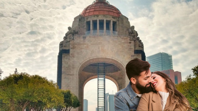 Monumento a la Revolución CDMX y pareja enamorada Foto: psicología online y Wikymedia editada en canva