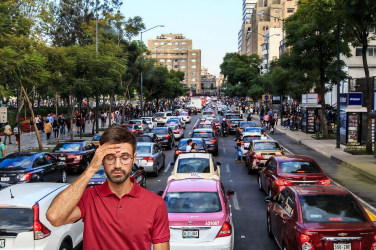 Trafico en CDMX Y chico estresado. Foto: Clupp y Freepik editada en Canva