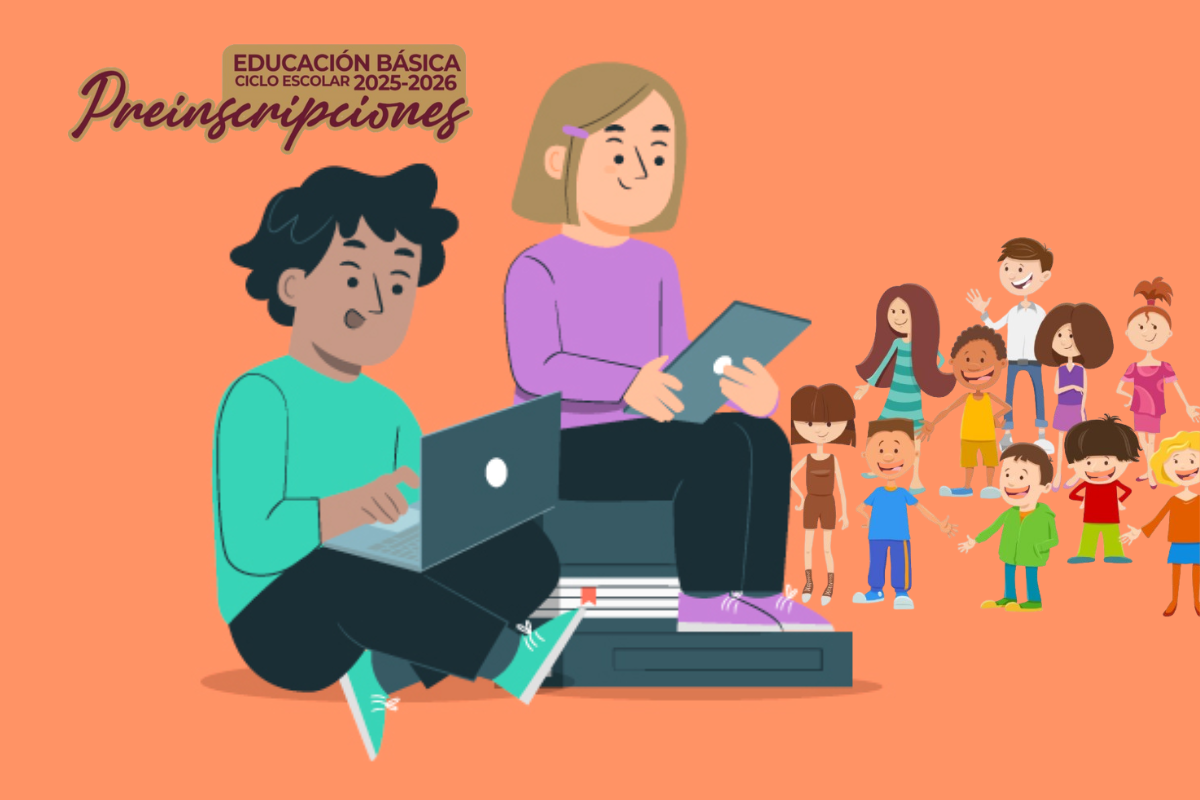 Animación de niños y adolescentes, logo de preinscripciones 2025. Foto: Gobierno de México | Canva