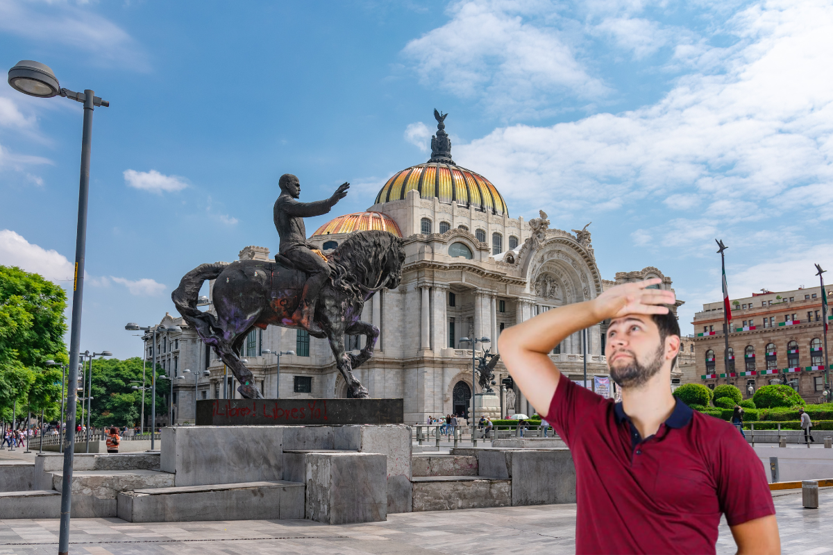 De fondo el Palacio de Bellas Artes en CDMX con hombre acalorado. Foto Canva | Freepik