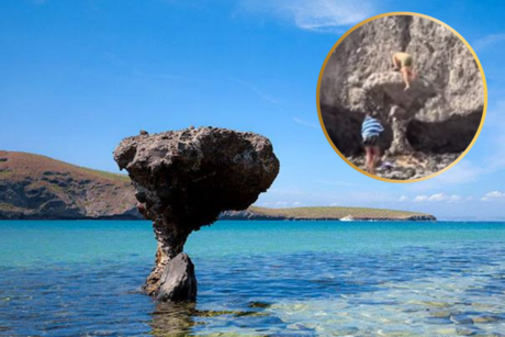 Turistas se suben a El Hongo de Balandra y despiertan la indignación de los paceños