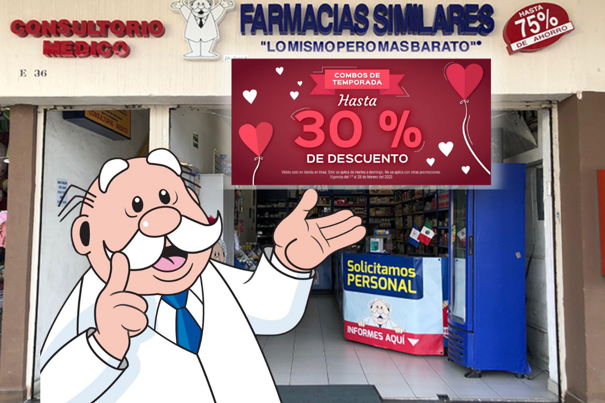 De fondo Farmacias Similares, Dr. Simi y descuento. Foto: Farmacias Similares/@drsimioficial