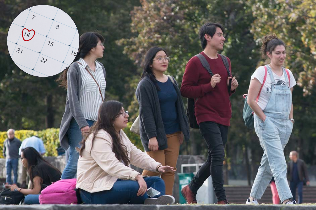 De fondo alumnos de universidad, calendario 14 de febrero. Foto: Gaceta UNAM | Canva