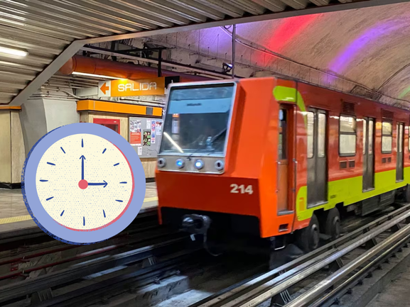 Vagón del metro de la Línea 7 y reloj. Foto: @MetroCDMX y Canva, editada en Canva