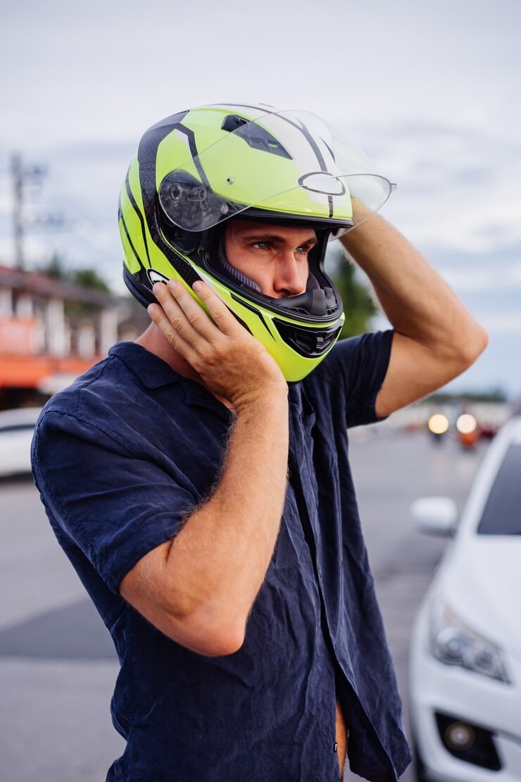 Joven poniéndose casco de moto. Foto: Freepik