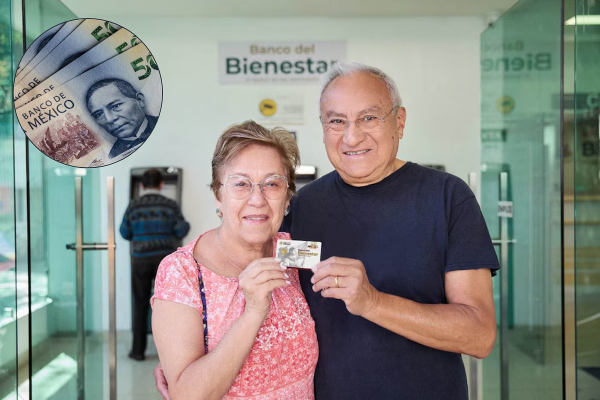 De fondo personas recibiendo su pensión, billetes. Foto: Gobierno México/ Gaceta UNAM