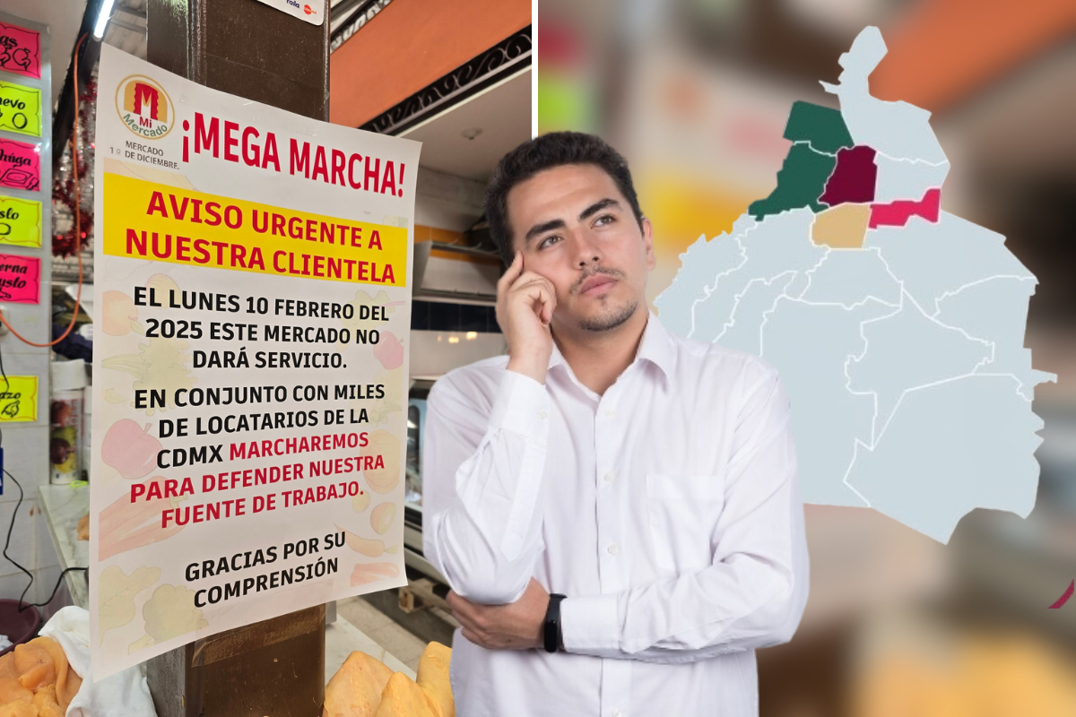 Cartel de la mega marcha de comerciantes de los mercados de CDMX, mapa de CDMX de donde saldrán los contingentes e imagen de un hombre al frente pensando.   Foto: X (@MNI_CDMX) | Freepik | X (@OVIALCDMX) | Canva