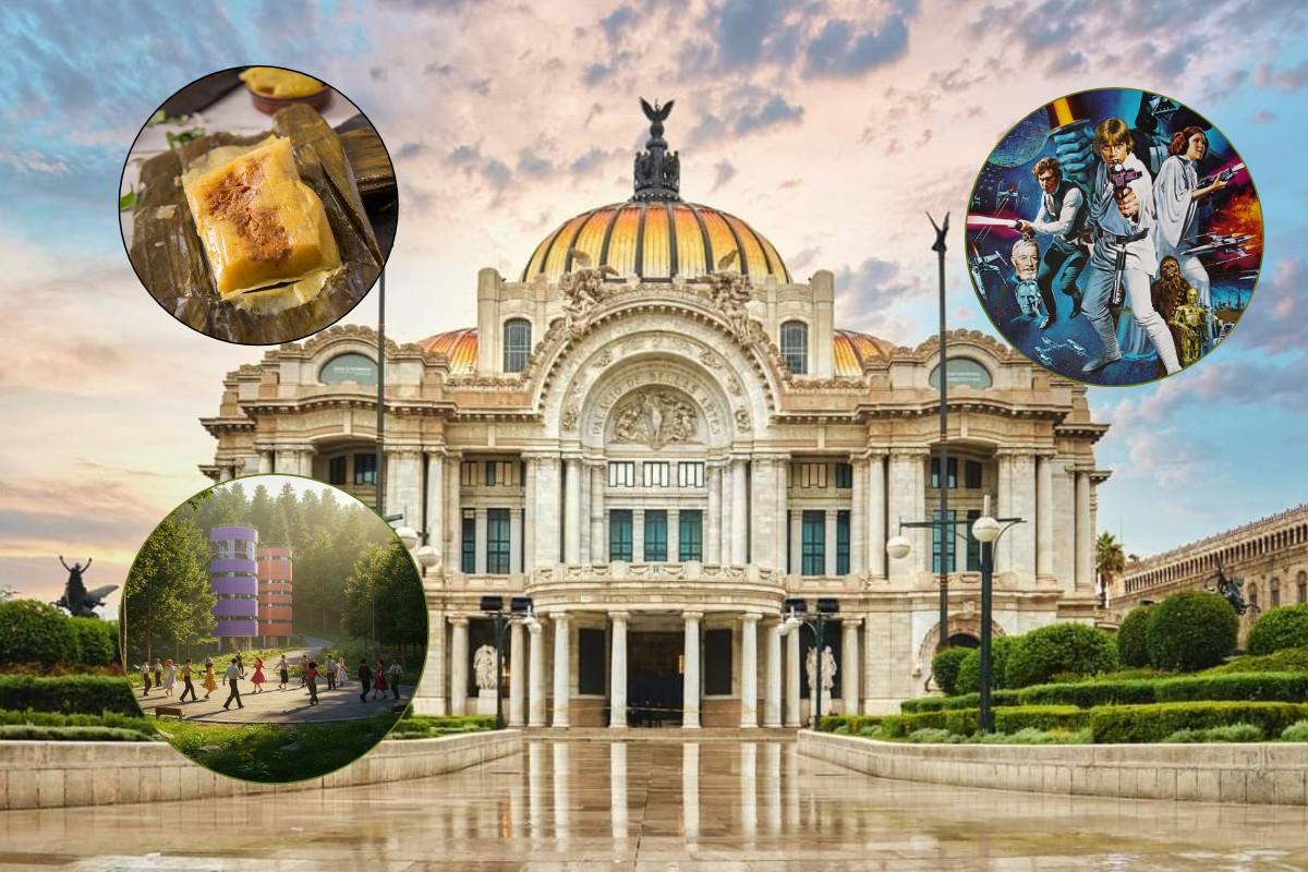 De fondo Palacio de Bellas Artes en CDMX, personas bailando, tamal. Star Wars. Foto: Maps @erickrios/ X @cinemex/