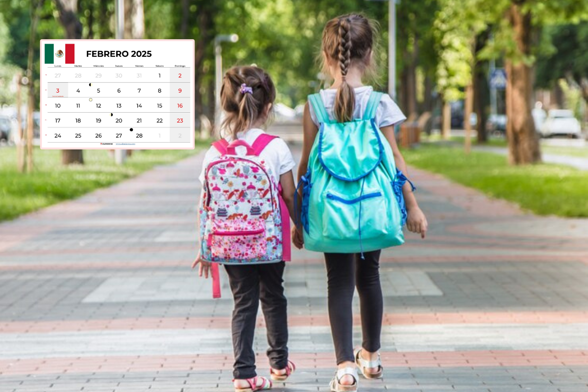 Estudiantes saliendo de la escuela y un calendario del mes de febrero en la parte superior izquierda.    Foto: Freepik, editada en CANVA.