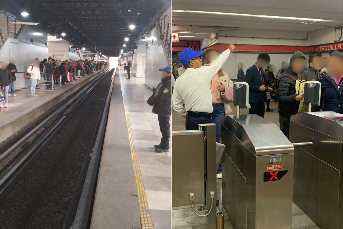 Personas esperando el tren y personas ingresando por los torniquetes del Metro de CDMX.   Foto: X (@MetroCDMX) | Canva