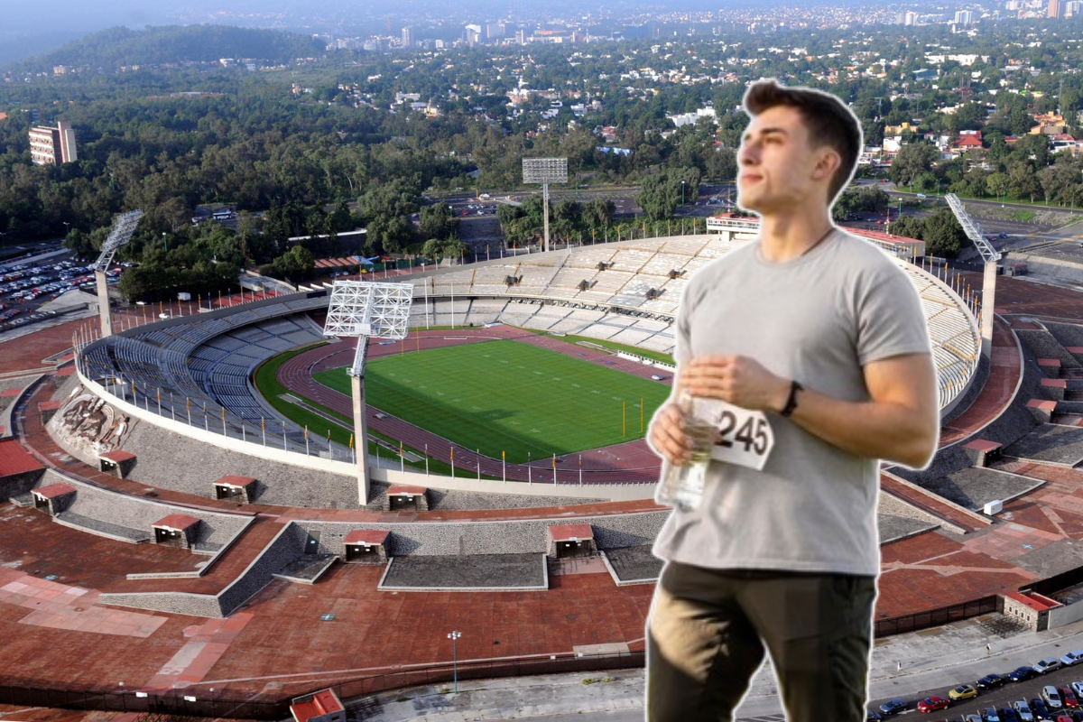 Persona tomando agua frente al Estadio Olímpico Universitario de la UNAM.    Foto: Freepik y X (@BigBaldito)