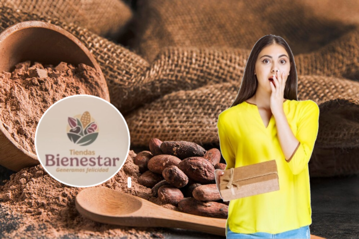 Fondo de cacao en grano y molido, mujer al frente sorprendida y logo de la Tienda del Bienestar.    Foto: Freepik | X (@RobertoPantojaA) | CANVA