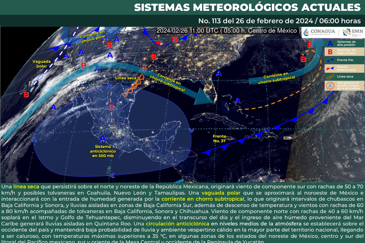 Mapa meteorológico de México del 26 de febrero de 2024. Fuente: Servicio Meteorológico Nacional